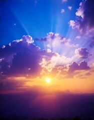 Vivid purple clouds and radiant golden rays create a dreamy atmosphere at sunset. Generative AI