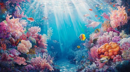 Underwater view of colorful fish swimming, vibrant Coral and Marine Life.