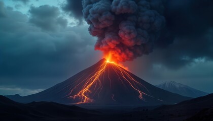 Majestic volcanic eruption in Kamchatka. Molten lava streams down volcano slopes. Dark grey clouds fill sky. Dramatic natural spectacle. High mountain peak covered with snow. Volcanic landscape.