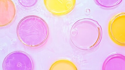 Abstract Pastel Colors Liquid in Petri Dishes, Beauty Science Concept