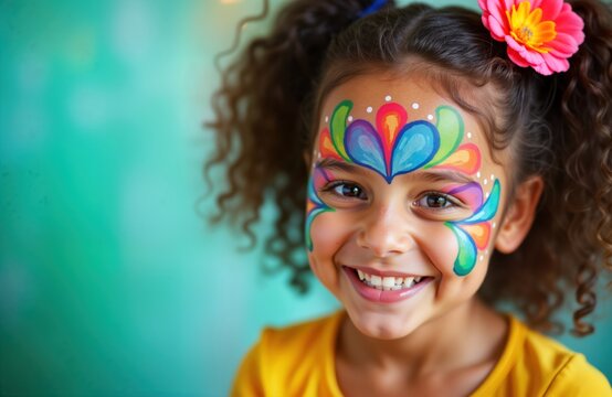 Young girl with colorful face paint indoors. Artist creates intricate design on child face. Happy expression on childs face. Likely kids party carnival event. Capture child fun in festive environment.