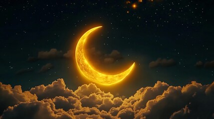 Golden Crescent Moon Night Sky Cloudscape