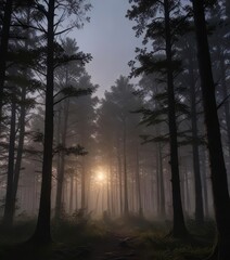 Naklejka premium Dense forest at dusk with trees silhouetted against dark wood background, woods, nighttime