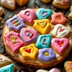 Obraz premium Assorted cookies in the shape of hearts, decorated with multicolored glaze