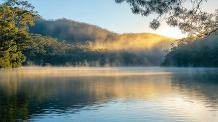 Fototapeta premium Misty sunrise over a calm lake in a forest.