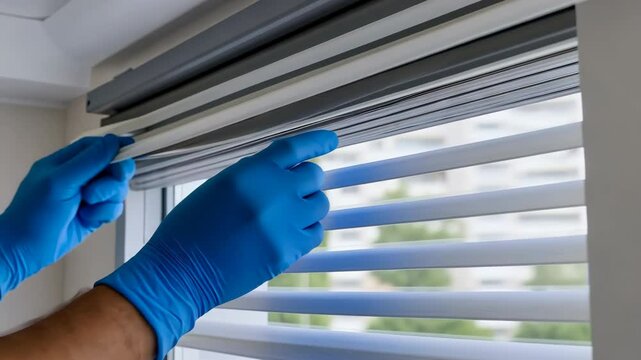 Motorized jalousie or blinds Measuring. Workman fixing, adjusting new plastic PVC window with white metal frame installing at modern house. Advertising. Typical installation of roller system on window