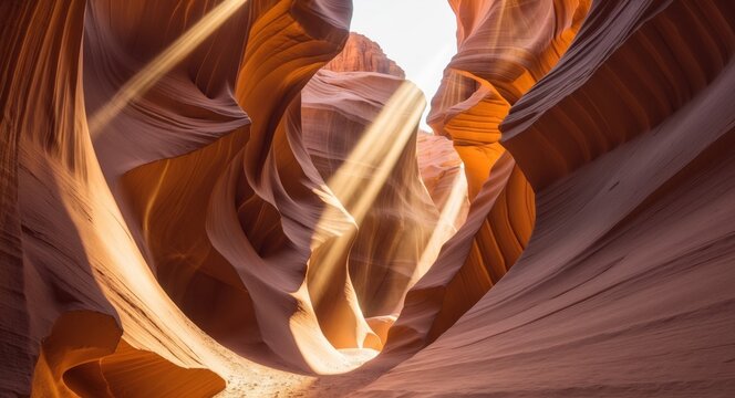 A panoramic view of Antelope Canyon showcasing the stunning light beams filtering through narrow rock formations