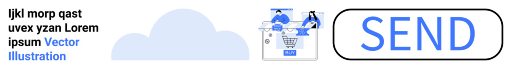 Cloud icon with floating text, person placing items in a shopping cart, and a clickable SEND button. Ideal for cloud computing services, online retail, e-commerce, data security, web interfaces
