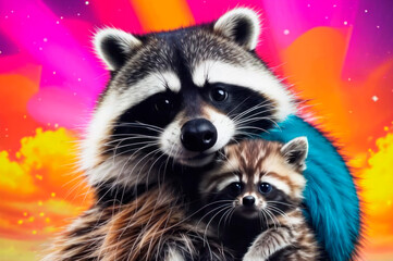 Cartoon raccoons and their babies