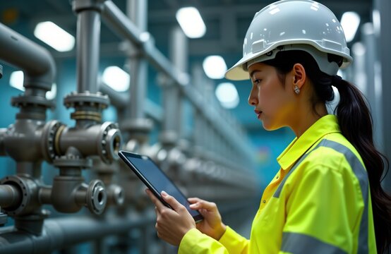 Asian female engineer in safety helmet works diligently at operating hall. Checks valve regulator at hydrogen tank using digital tablet. Industrial setting. Focused professional. Modern tech tools.