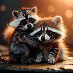 Cartoon raccoons and their babies