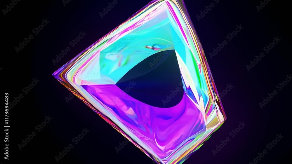 Poster cube with a hole in the middle and a rainbow surrounding it. the cube is made of a shiny, reflective