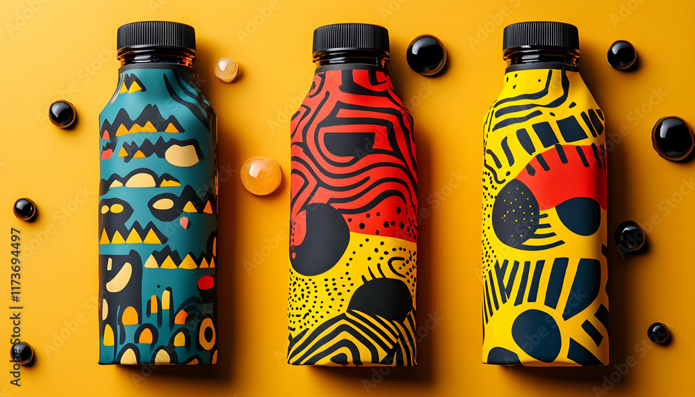 Poster three uniquely designed bottles with abstract patterns on a vibrant yellow background, surrounded by