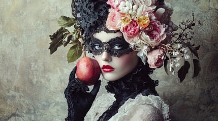 Mysterious Masquerade: A Woman Adorned in Flowers and Lace