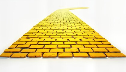 Yellow brick path stretches on white background. Classic pathway style. Bright vibrant color. Straight, narrow path. Perfect for fairytale themes adventure topics. Ideal for books, films, games,
