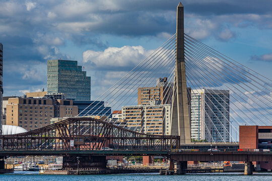 Boston skyline with the Zakim Bridge in the foreground taken from the water