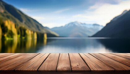 table en bois arriere plan sur fond flou de lac et de montagnes image avec espace pour texte