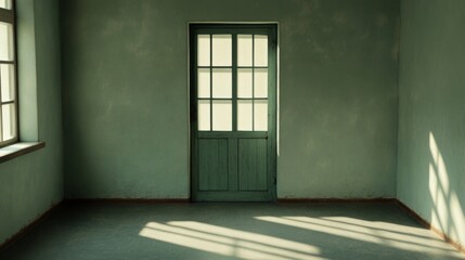 Empty room with green door and sunlight.