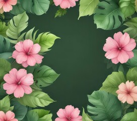 Delicate watercolor flowers on a lush green leaf template ,  watercolor,  nature