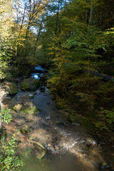 Scenic diversity of Mullerthal, Luxembourg's Little Switzerland, Schiessentumpel Cascade hiking routes, rock formations, forests, tourist destination in Europe