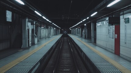 Fototapeta premium Empty subway platform at night, long perspective view of tracks and platforms.