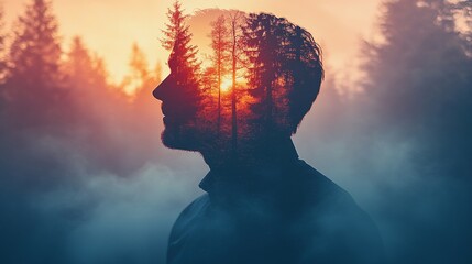 Inner Peace: A Man's Silhouette Merges with a Sunset Forest Landscape, Symbolizing Harmony Between Humanity and Nature
