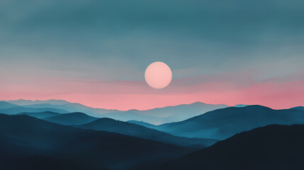 Fototapeta premium Serene moonrise over a dark silhouette of hills, painted in soft pink and blue hues. Moonrise. Illustration