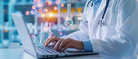 Medical research action by doctor in laboratory environment focused on science and innovation