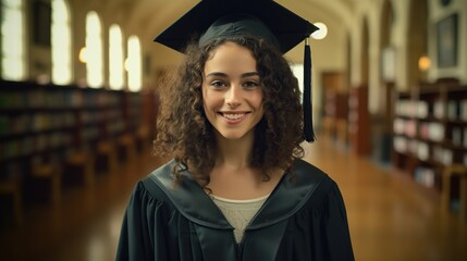 The smile of knowledge: Realistic high resolution photo. Graduating 11th grader in the library, smiling and filled with the joy of completing the academic part of her journey