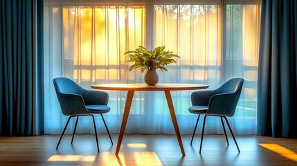 Sunlit room with table, chairs, and plant.