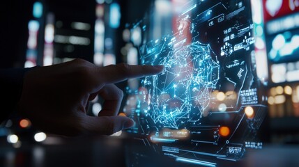 Innovative digital interface urban environment technology visualization nighttime scene futuristic concept