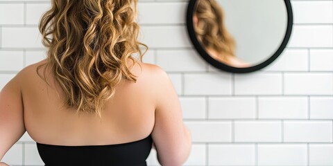 woman in bathroom applying makeup on her face 