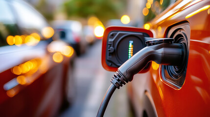 close up of an electric car plugged into a charging station.