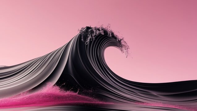 A black and red wave with a pink sky in the background
