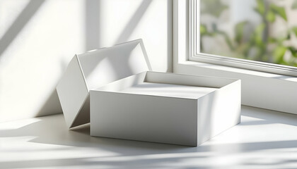 Open white box on a windowsill, sunlight casting shadows.