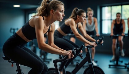 Young women exercise intensely on stationary exercise bikes in gym. Group workout. Focused on fitness. Motivated ladies working out together in modern fitness center. Active lifestyle. Health,