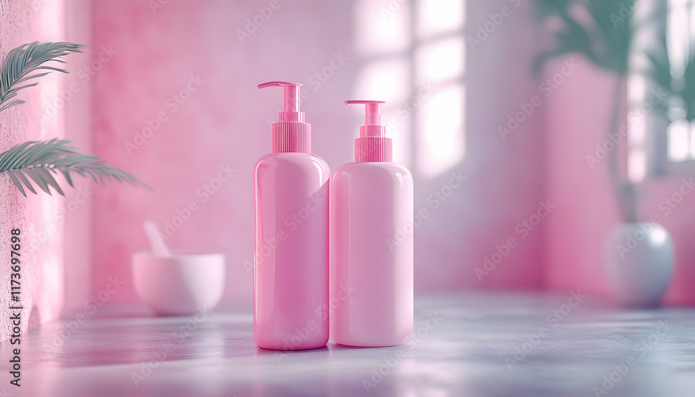 Poster two pink pump bottles sit on a table in a soft pink room. sunlight streams in through a window. a pl