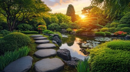 Obraz premium Serene Japanese garden at sunset, stone path leads to pond.