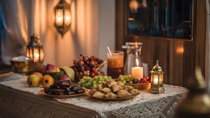 Traditional Iftar Table with Lanterns and Ramadan Snacks, Ramadan Feast Setup with Lanterns and Delicacies, Authentic Middle Eastern Iftar Table with Warm Lighting