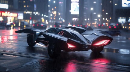 Fototapeta premium Futuristic Sports Car in Rainy City at Night