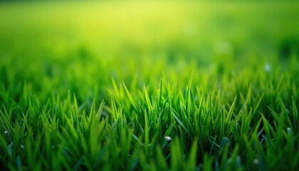 Fototapeta premium Closeup view of vibrant green grass. Green texture of meadow lawn visible. Natural, fresh feel of healthy landscape in summer spring. Ideal background for eco themes. Empty space for creative