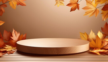 wood podium with fall leaves on beige background for product presentation