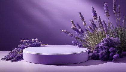 podium platform for product demonstration on a minimalist purple historical past with lavender decorations