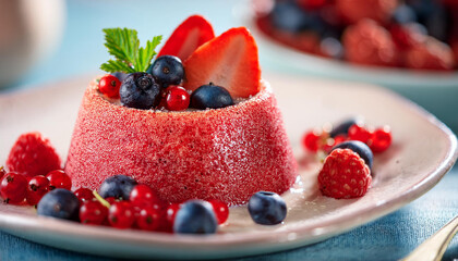 german rote gruetze red groats red berry pudding made of strawberry blueberry raspberry and redcurrants photographed with natural light selective focus one third into the dessert