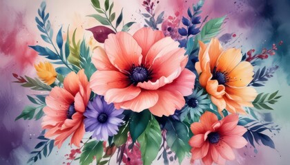 Floral watercolor design with abstract shapes and vibrant blooms, floral pattern,  botanical