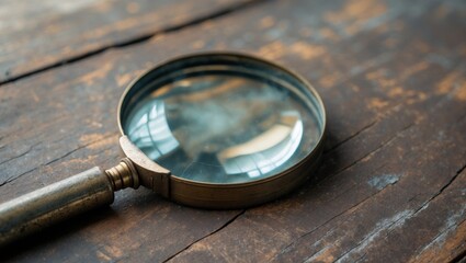 Magnifying glass on a rustic wooden surface symbolizing search engine optimization and digital marketing analysis