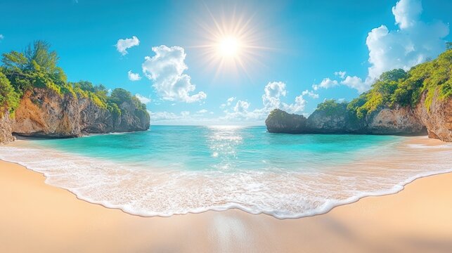 Sunny tropical beach with turquoise water and white sand.