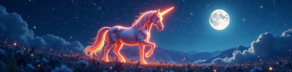 Naklejka premium Glowing horned unicorn amidst twinkling stars and moonlight, sparkles, stardust