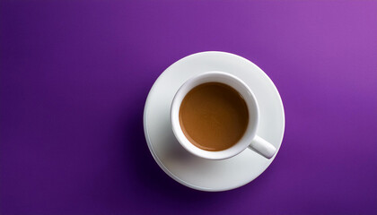 a white coffee cup is located on a colourful purple history
