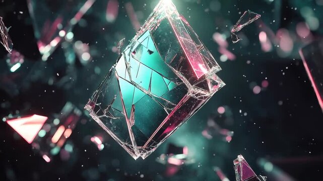 Shattered Glass Pieces Floating in a Dreamlike Neon Environment with Soft Bokeh Background Effects